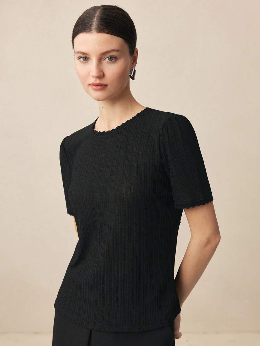 BizChic 黑色圆领女式蕾丝拼接 T 恤，短袖夏季休闲上衣 - 黑色 - 查看 1