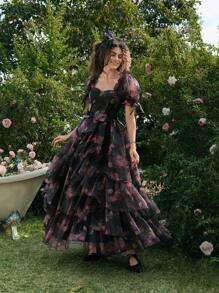 SHEIN MOD Women's Floral Layered Organza Puff Sleeve Black Background Dress,Rave Outfits Festival,Spring Break Outfits,Western Wear Women,Country,Beach,90s Clothes,Spring/Summer Outfits For Women,Modesty Clothes Women,Ruffle Dress,Romantic Dresses,Spring/Summer Dresses For Women,Easter Dress Women,Vintage Dresses For Woman,Easter Dress,Floral Dress Women,Graduation Dress,Maxi Dresses For Women - Multicolor - View 3