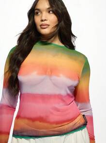 MISSGUIDED PLUS Plus Size Sunset Ombre Long Sleeve Top Casual Stretchy Fitted Fashion Autumn Fall Winter Layering Essential - Multicolor - View 3