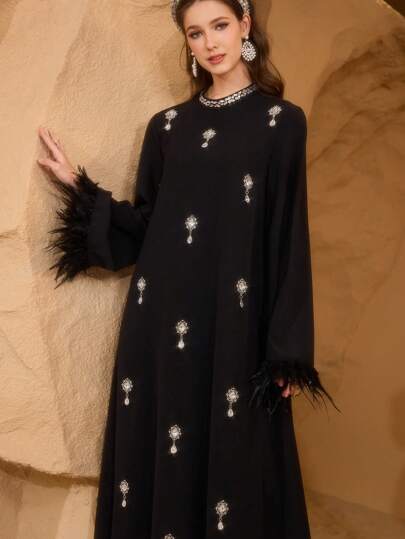 Al Najma Elegant Women Fur Cuff Loose Turkish & Arabic Traditional Maxi Robe, Kaftan & Jalabiya, Luxury Evening Dresses For Women,Modest