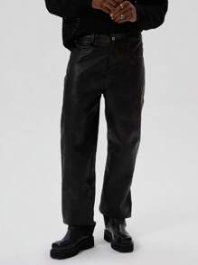 Musero Straight Leg PU Leather Button Fastening Washed Trouser Winter - Brown - View 4