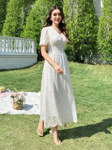 Modelyn Váy ren dài tay ngắn cổ Peter Pan kiểu Pháp ôm vừa vặn, dáng ôm cho nữ, mùa xuân/hè - trắng - Xem 5