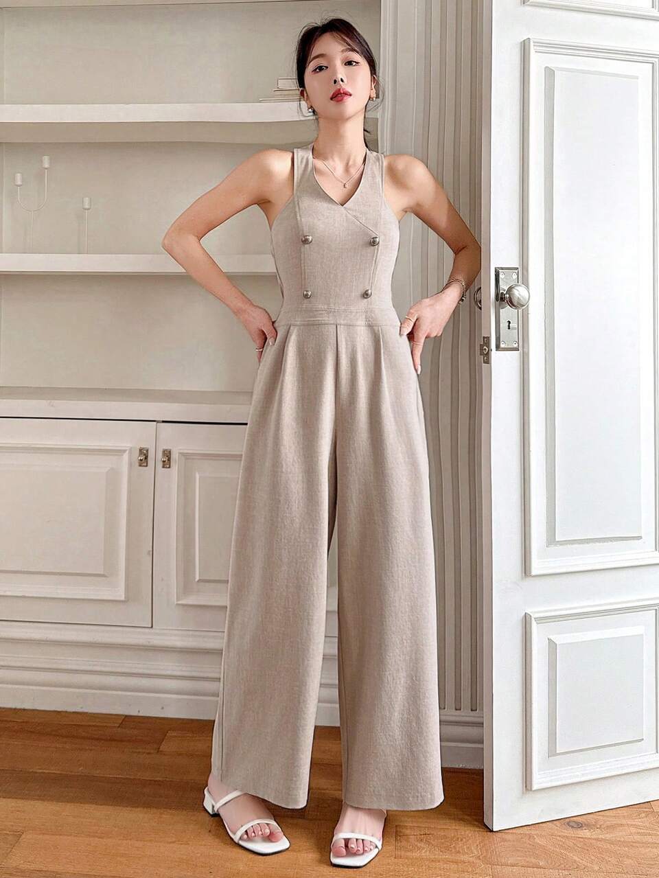 Women's Plain Halter Sleeveless Casual Jumpsuit With Button Design Jumpsuits For Women