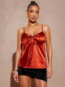 Hauture Dames lente/zomer oranje satijnen glanzende voorkant strik ruches camisole tanktop