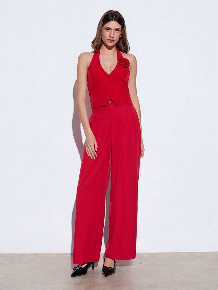 SHEIN Maija 2025 Summer New Angora Red Shoulder Floral Decor Halter Neck Design, Urban Modern Commute Workwear Casual Music Festival Beach Vacation Everyday Romantic Urban Resort Suitable For Outgoing Parties, Weddings, Guests, Old Money Style, Graduation Party Ladies Tank Top