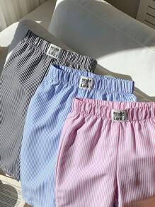 3件套少女梭织条纹字母印花宽松休闲短裤 - 粉色 - 查看 3