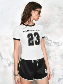 SHEIN LUNE 拼色数字印花短袖 T 恤，美国时尚女式夏季上衣 - 白色 - 查看 3