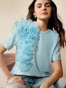 Anewsta Round Neck Short Sleeve Elegant Floral Decor T-Shirt, Summer For Valentine's Day, New Year Occasions, Date Night