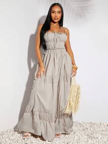 SHEIN SXY Sundress;Beach;Spring Summer Vacation Wedding Valentine's Day Women's Elegant Western Style Clothing Gray Khaki Imitation Linen Fabric Large Halter Halter Fold Design A Swing Long Dress,Summer Dresses For Women,Tea Party Dress - Apricot - View 6