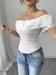 Elenzga Áo thun ren hở vai cao cấp, cạp chun, màu trơn, phù hợp cho mùa hè - Màu be - Xem 3