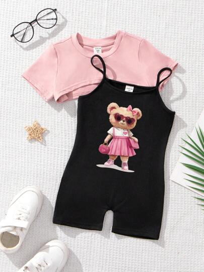 SHEIN Leap Crew 2pcs/Set Cute Cartoon Bear Print Pink Tank Top & Shorts Set, Casual Summer Outfits For Young Girl