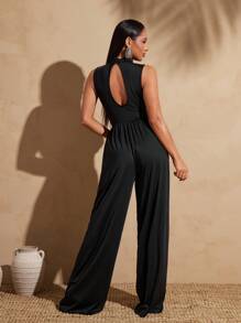 Vixey O Ring Plunge Neck Cut Out Wide Leg Sleeveless Jumpsuit, Boho, Boho Women Clothing, Concert Outfit, Festival, Island Vacation Outfits - Black - View 5