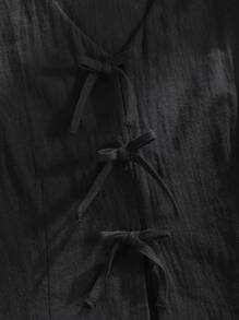 SHEIN Leap Crew Tween 女童时尚街头风格编织纯色蝴蝶结装饰无袖上衣和阔腿裤 2 件套，适合春夏季、郊游、乡村、茶会、休闲装、返校、母女装 - 黑色 - 查看 8