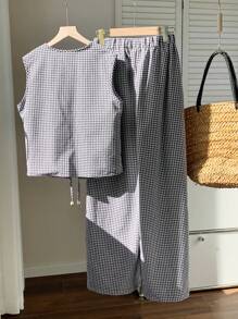 Comfortcana Conjunto de 2 piezas de mujer con blusa sin mangas con lazo frontal y pantalones de pierna ancha a cuadros