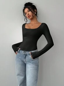 SHEIN BASICS Women's Casual Solid Color Knitted Fitted Long Sleeve Crew Neck Regular T-Shirt Playera Manga Larga Damawhite Top Long Sleevebasic Long Sleeve Tops - Black - View 8