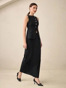 BizChic Black Office Wear For Women, Crew Neck Sleeveless Asymmetrical Tank Top & Long A-Line Skirt Spring/Summer Suit - Black - View 7