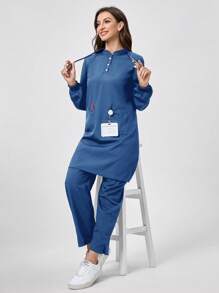 TaskEZ Women's Scrub Set, Solid Color Long Sleeve Pocket Tunic Top & Pants, Nursing Scrub Uniform - Blue - View 5