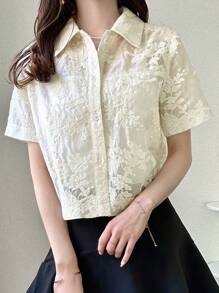 FRIFUL 女士蕾丝边短衬衫，优雅女士夏季上衣 - 杏色 - 查看 7