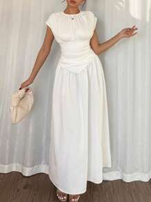 SHEIN Unity Women's Solid Color Round Neck Ruched Casual Long Dress - White - View 2