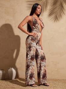 Vixey 动物印花深 V 领露背吊带阔腿连体裤，豹纹，露背，女士夏季服装，乡村音乐会服装，节日服装，女牛仔装，西部风 - 彩色 - 查看 4