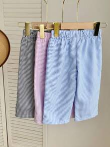 3件套少女梭织条纹字母印花宽松休闲短裤 - 粉色 - 查看 2
