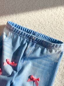 SHEIN Baby Girls Spring/Summer Striped Long Sleeve Shirt & Bow Decor Long Pants 2 Pieces Set - Pink - View 7