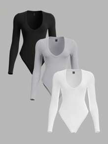 SHEIN BASICS Bộ 3 món đồ liền thân màu trơn đơn giản ôm vừa vặn tay dài cổ kim cương cho nữ - Màu Xám nhạt - Xem 1