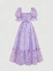 SHEIN MOD Women's Purple Tie-Dye Puff Sleeve Bow Dress, Tropical Resort Style Women's Wear, Spring/Summer Women's Wear, Beachwear, Resort Wear, Carnival Wear, 90s Style Clothing, Bridal Gown, Elegant Wedding Dress, Classic Dress, Sundress, Resort Dress, Women's Formal Dress/Party Dress - Multicolor - View 3