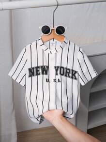 Young Boy Casual Striped Letter Print Stand Collar Short Sleeve Shirt, Comfortable Sporty Style Suitable For Daily Wear, School, Travel, Sports, Spring And Summer - White - View 5