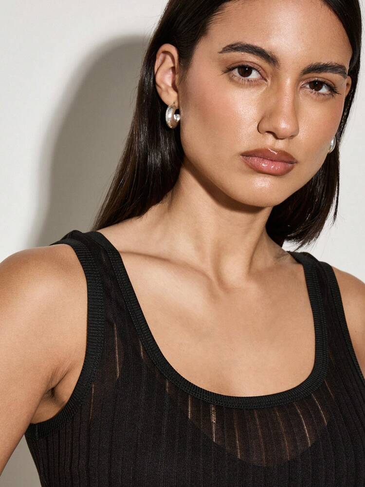 Ribbed Sheer Tank Top With Scoop Neck