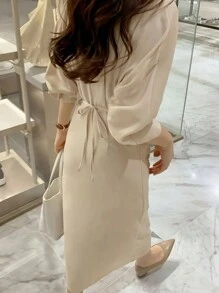Women's Solid Color Front Button Long Sleeve Casual Long Dress Fall Cloth For Women - Apricot - View 2
