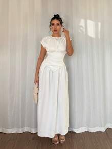 SHEIN Unity Women's Solid Color Round Neck Ruched Casual Long Dress - White - View 7