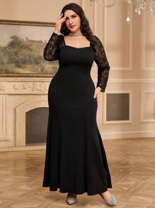 Modelyn Đầm dài tay tối giản cổ tim ren chắp vá cỡ lớn - màu đen - Xem 4