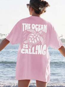 Flirla Plus-Size Women's Turtle Print Casual Crew Neck T-Shirt For Beach Vacations - Pink - View 2