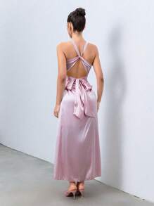 Calvaya Vestido de satén con escote en V y lazo en la parte trasera para mujeres
