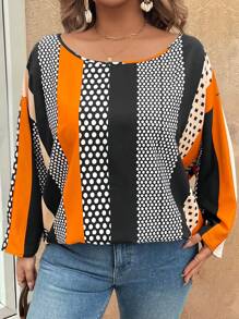 SHEIN LUNE Blusa de mujer de talla grande con estampado de rayas y lunares de colores, atuendo de rave, vestimenta occidental para mujer, bohemio, hippie, atuendo de vaquera, bohemio, festival, viejo dinero, atuendo de concierto para mujer, atuendo de rave, atuendo de primavera y verano bohemio de viejo dinero
