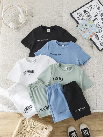 8 件装年轻男孩休闲运动度假时尚经典百搭简约地标字母印花针织 T 恤和短裤套装，适合儿童服装年轻男孩服装返校男孩套装，适合生日派对、晚会、表演、婚礼、洗礼、开幕式、日常使用、学校、旅行、运动、春夏季节