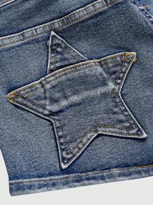 ROMWE Grunge Punk Y2K Retro Women Ultra Low-Rise Super Short Butt Pocket Star Patch Super Low Waist Denim Shorts - Blue - View 3