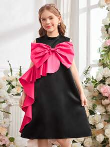 SHEIN Vestido elegante de fiesta para niñas preadolescentes con bloqueo de color, lazo y volantes en el dobladillo - Multicolor - Ver 1