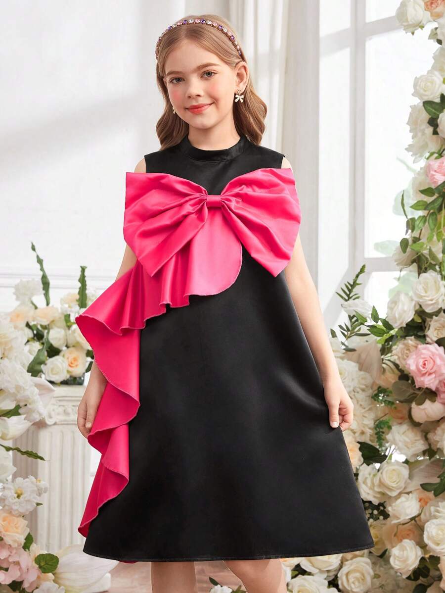 SHEIN Vestido elegante de fiesta para niñas preadolescentes con bloqueo de color, lazo y volantes en el dobladillo - Multicolor - Ver 1