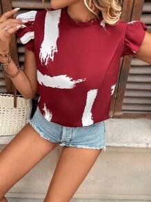 SHEIN LUNE Damen lässige, locker sitzende Bluse mit Pinselstrich-Muster und Flügelärmel