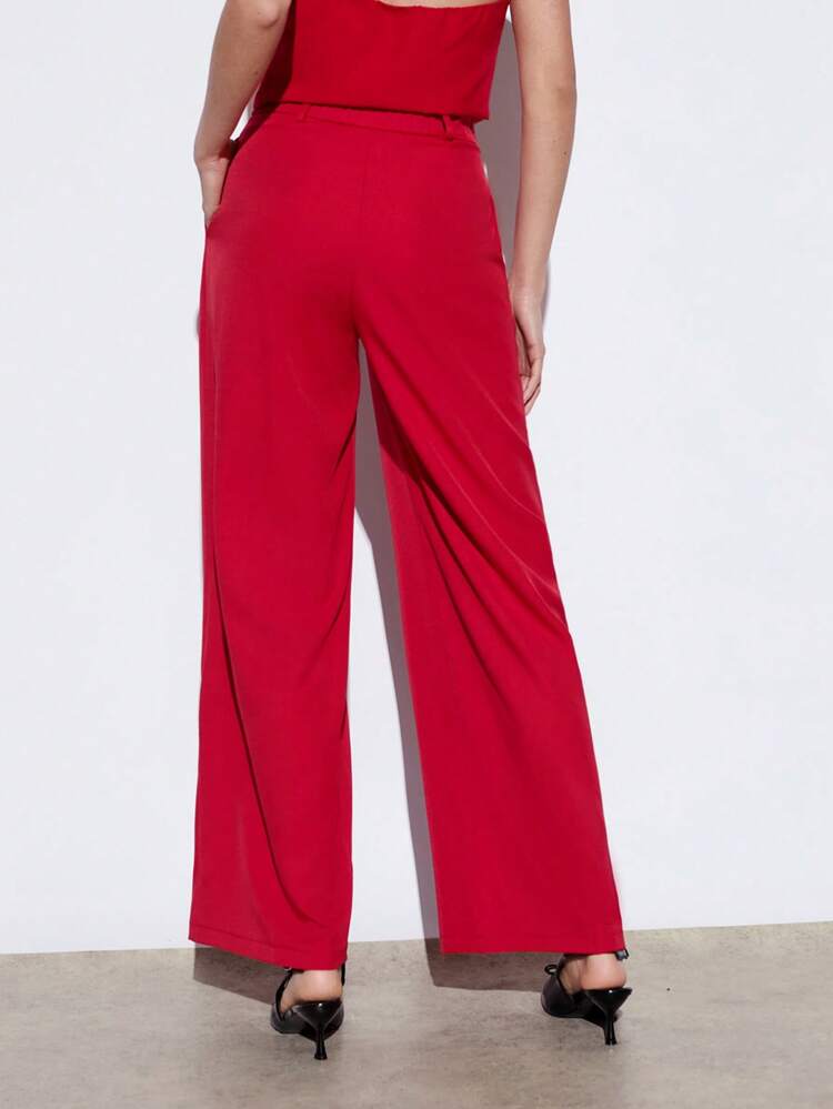 SHEIN Maija 2025 Summer New Arrival Ankle-Length Loose Straight Wide-Leg Trousers With Cinched Waist, Chic Mock Wrap Pockets, Versatile Business Casual Commuter Travel Bohemian Music Festival Beach Resort Everyday Wear, Suit For Outing, Party, Wedding, Graduate