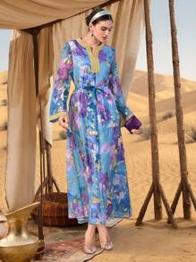 Al Najma 女式印花拼布 V 领长袖简约阿拉伯风格连衣裙 - 藍色 - 查看 6