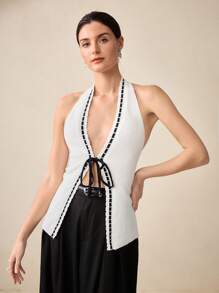 BizChic Women's Elegant Halter Neck Sleeveless Black Tie-Up Knit Vest Top, Spring & Summer