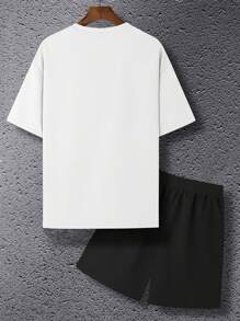 Manfinity Homme Loose Fit Men's Slogan Graphic T-Shirt & Drawstring Waist Shorts 2 Pieces Set - Multicolor - View 2