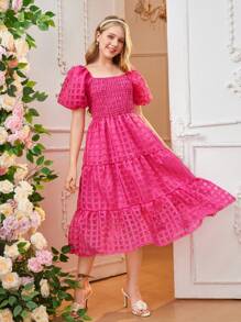 Vintage Sweet Square Neck Puff Sleeve Casual Snug Fit Mini Dress For Teenage Girls, Spring/Summer - Hot Pink - View 3