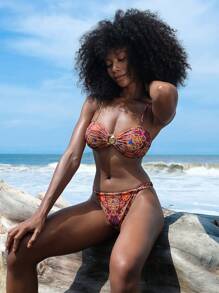 Swim Vcay ملابس سباحة بيكيني للنساء قطعتين مطبوعة بطبعة عتيقة مفرغة مع أشرطة قابلة للتعديل، للعطلة الاستجمام، للشاطئ والصيف