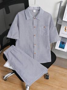 2 Pieces Set Of Tween Boys Casual Sport Shirts And Shorts For Boys, Featuring A Relaxed Fit, Texture Stripes, And A Turn-Up Collar, Is Suitable For Kids' Outfits, Toddler Boy Clothes, Back To School Boys Sets, Birthday Parties, Evening Events, Performances, Weddings, Baptisms, And School Commencements. It Is Suitable For Everyday Wear, School, Travel, Sports, And The Spring And Summer Seasons.