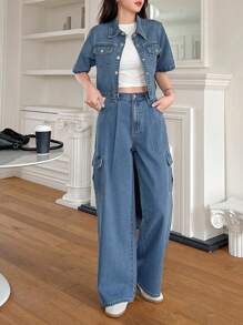 DAZY 女士休闲宽松口袋衬衫和阔腿牛仔裤两件套 - 中等水洗藍 - 查看 4