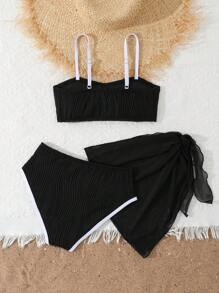 Tween Girl Colorblock Bikini Set With Cover-Up Skirt For Vacation - Black - View 2